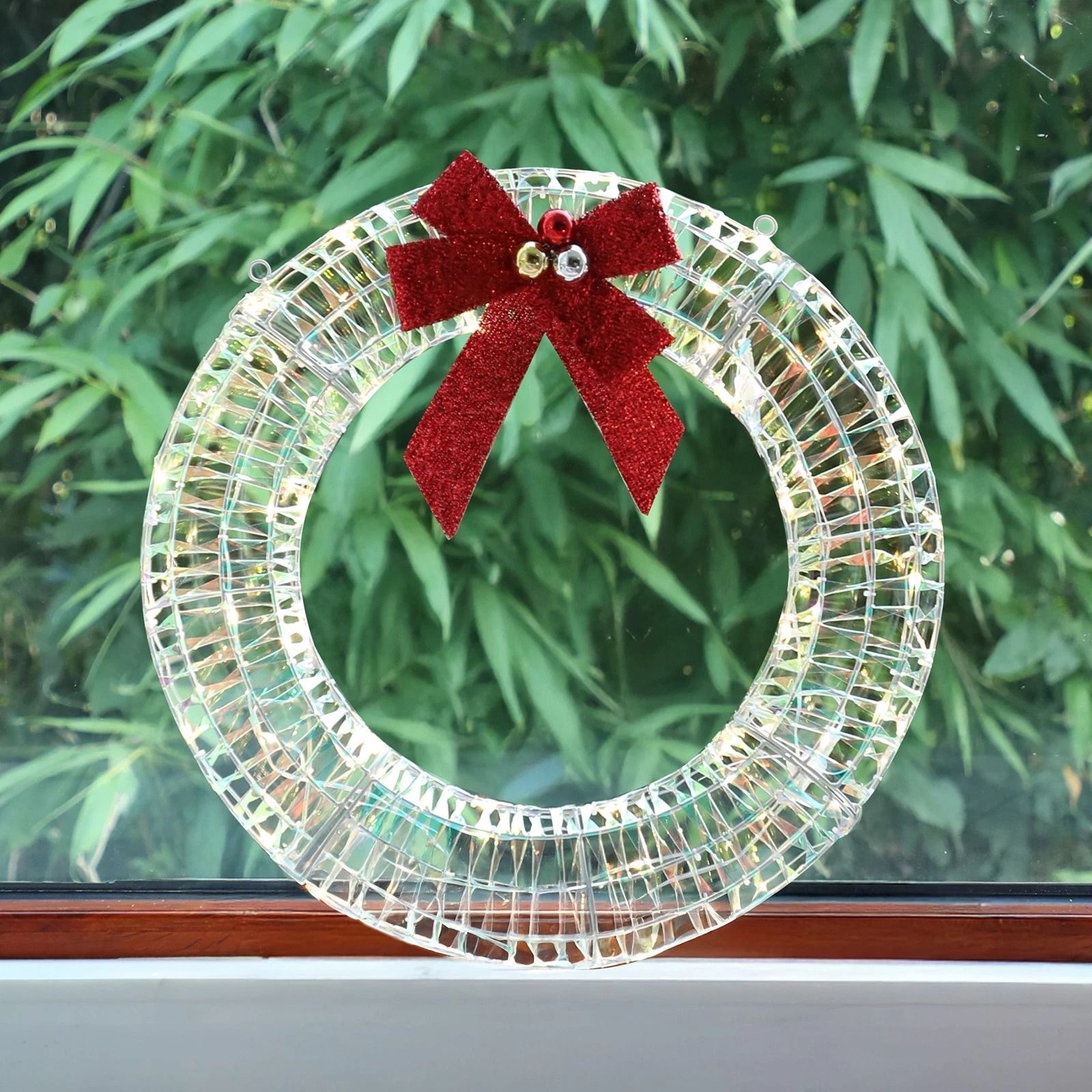 Pre-Lit Christmas Wreath with Warm White LED Lights and Red Bows Perfect for Indoor & Outdoor Holiday Decor