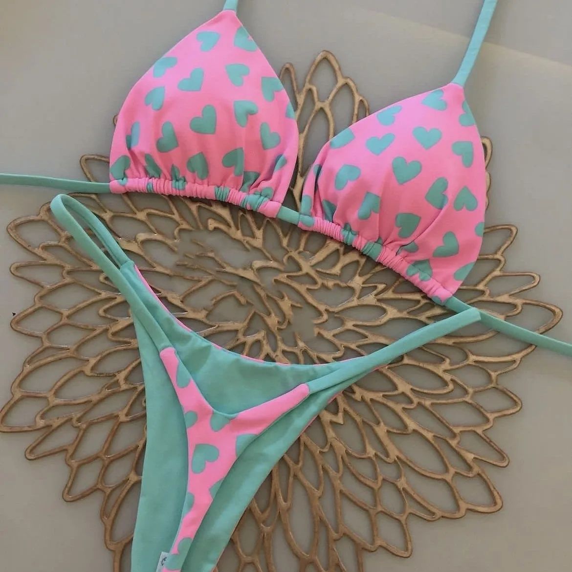 Womens Split Print G-String Bikini Set Sexy Beach Swimwear