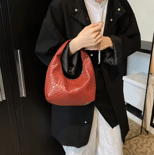Womens Woven Embossed Hobo Shoulder Bag Soft PU Leather Small Top Handle Handbag