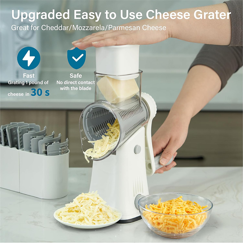 Rotary Cheese Grater and Vegetable Mandoline Slicer with Julienne Cutter and Nut Chopper