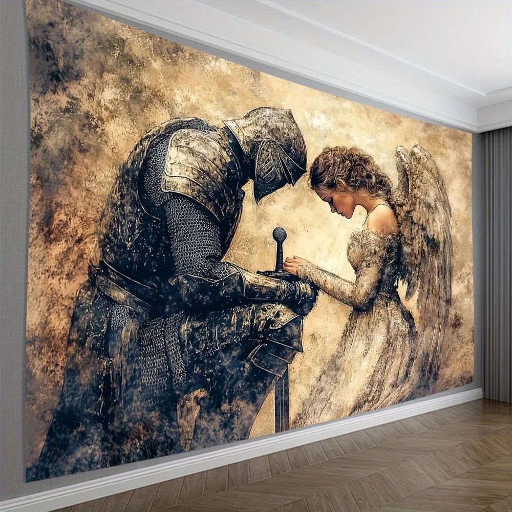 Vintage Knight and Angel Wall Tapestry Elegant Fabric Wall Art Decor