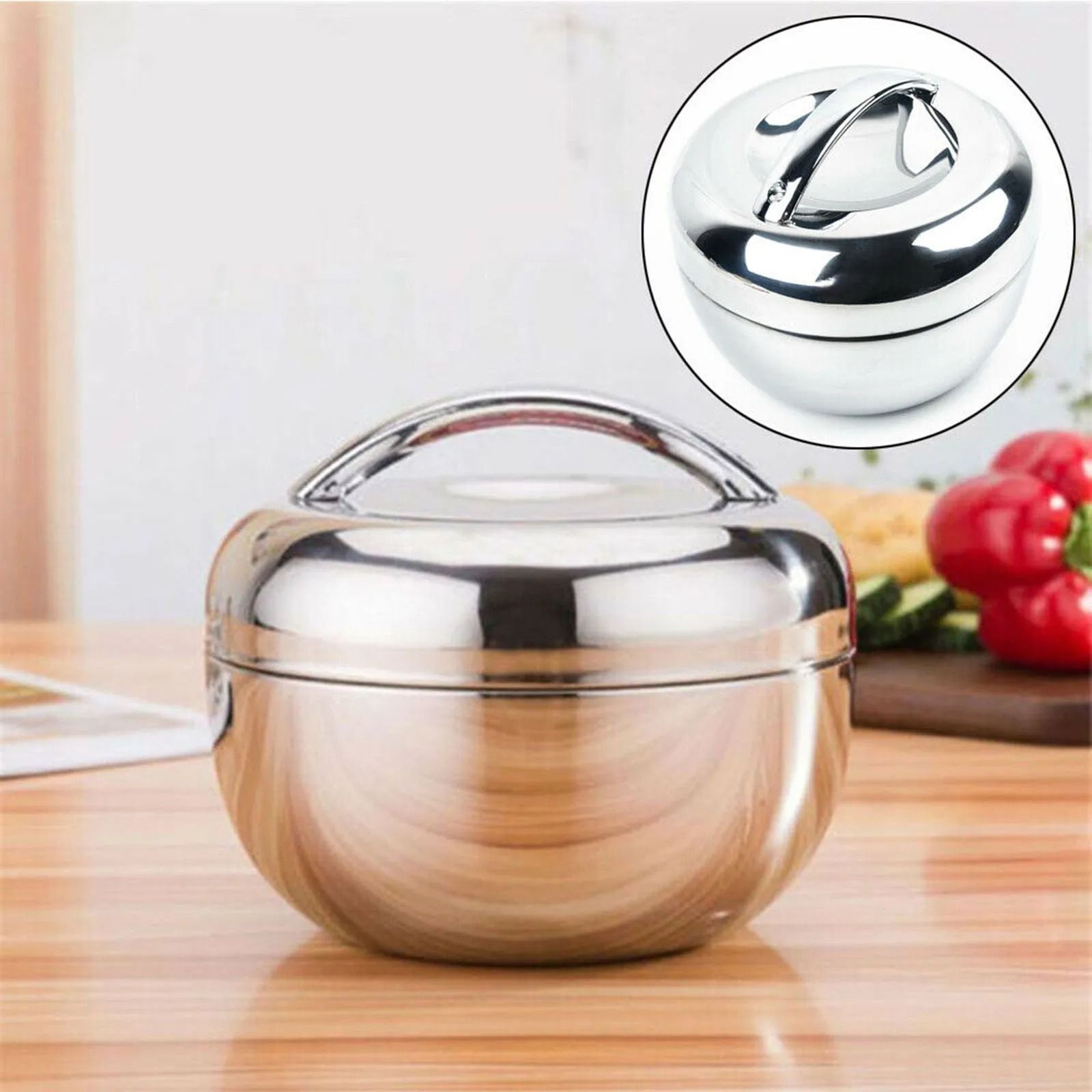 Double Layer Insulated Lunch Bento Box Stainless Steel Hot Food Container Round Noodle Bowl