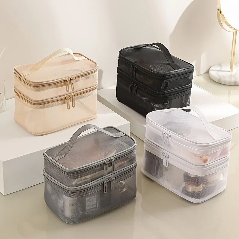 Double-Layer Makeup Bag Large Capacity Portable Mesh Cosmetic Organizer for Travel
