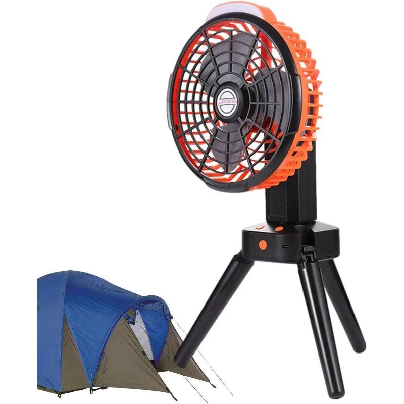 Rechargeable Camping Fan with Foldable Tripod, 270° Auto Rotation & LED Light