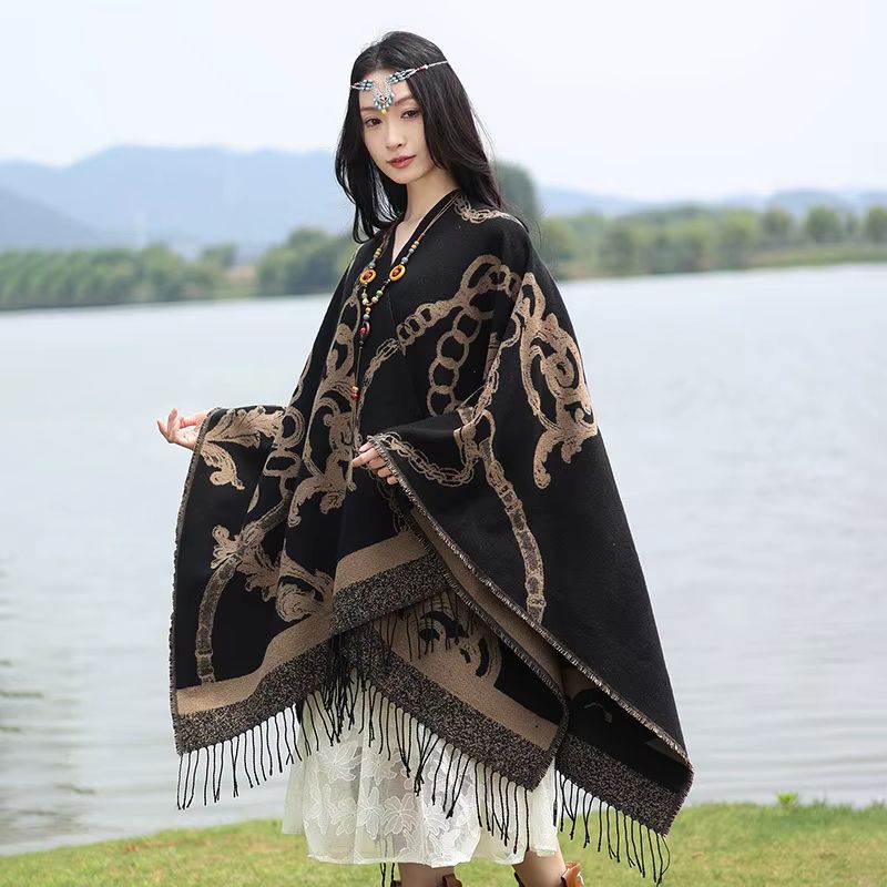 Luxury Jacquard Cashmere Poncho Cape, Thick Unisex Travel Shawl Wrap
