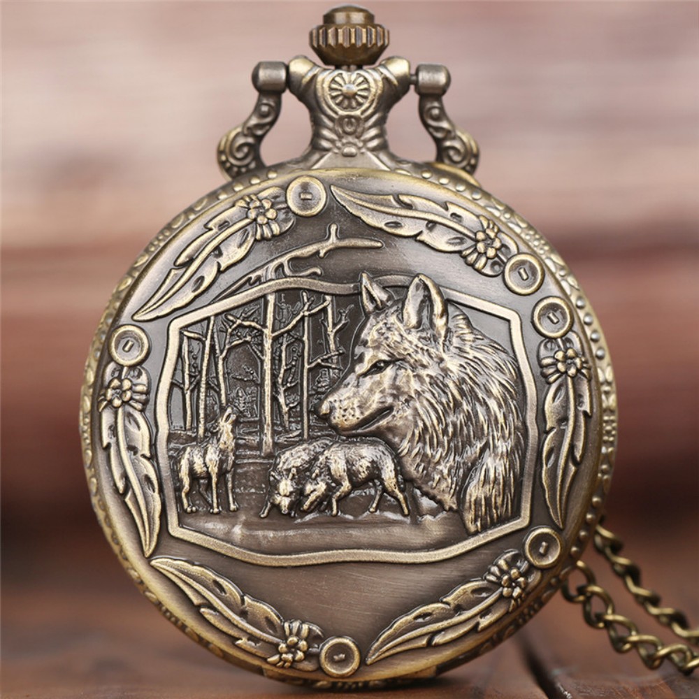 Vintage Wolf Head Pocket Watch Necklace Quartz Antique Pendant Timepiece Gift for Men
