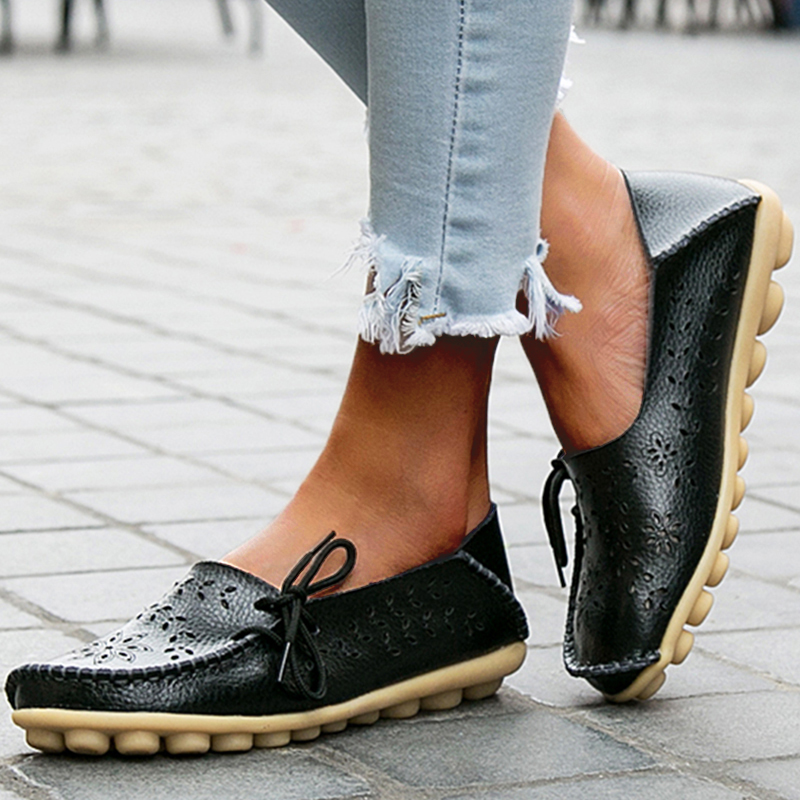 Genuine Leather Fashion Women Flats & Loafers, Slip-On Bowtie Tenis Shoes for Women, Hollow Nurse Footwear, Casual