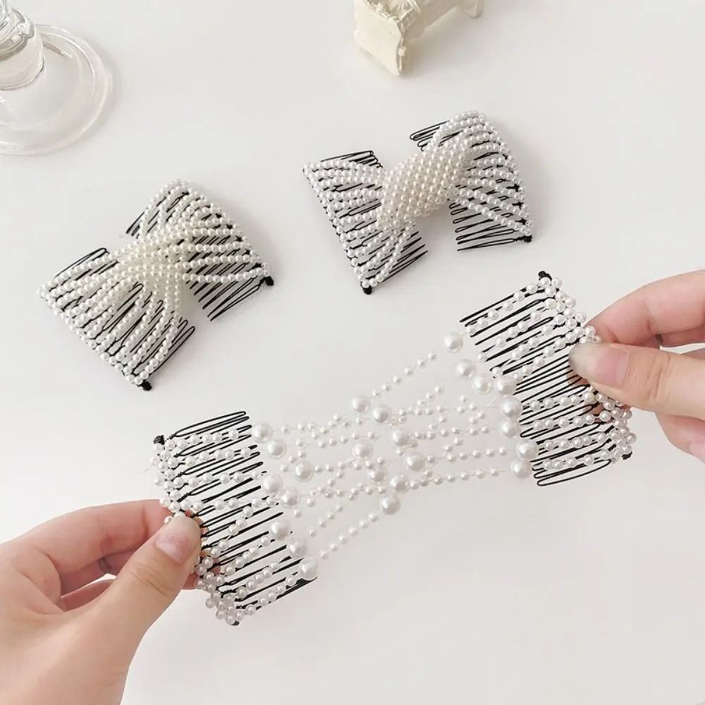 Elegant Pearl Elastic Magic Hair Comb and Butterfly Fancy Clip
