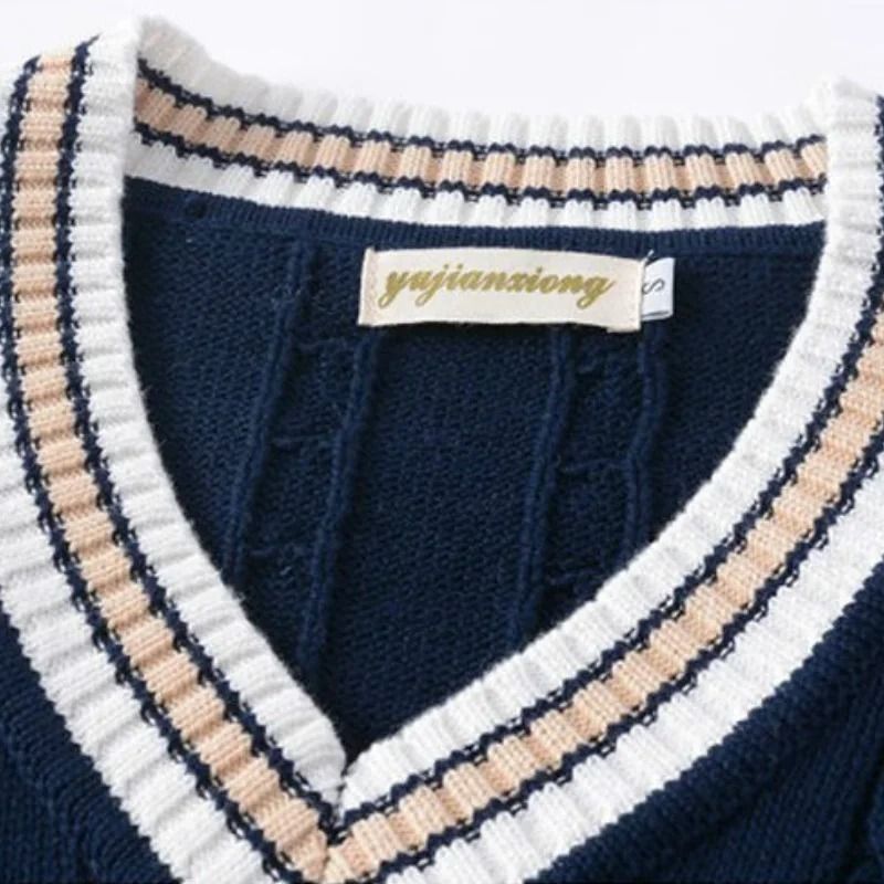 Mens Thick Knitted V Neck Sweater Vest Retro Striped Casual Pullover