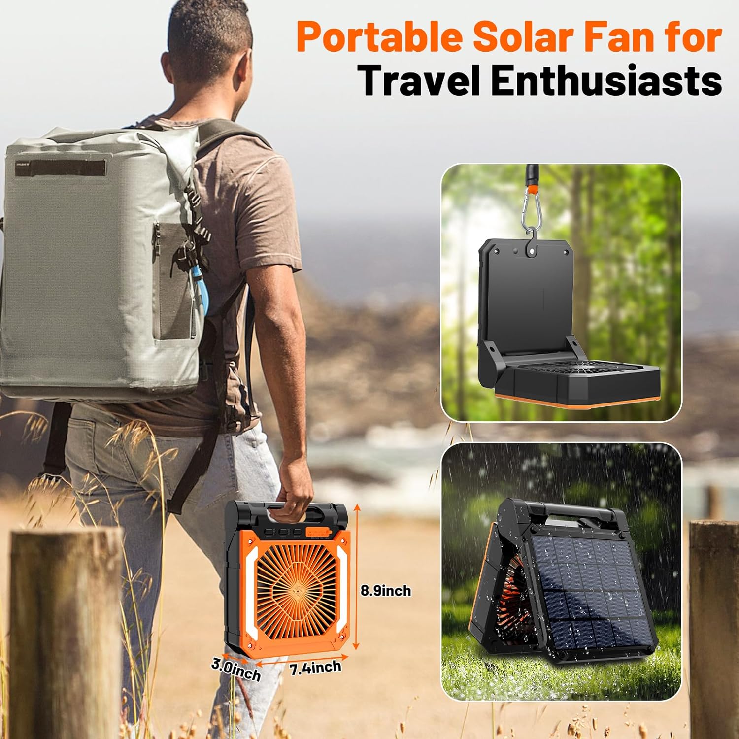 Portable Electric Fan with LED Light, USB & Solar Charging for Car, Picnic, and Hiking