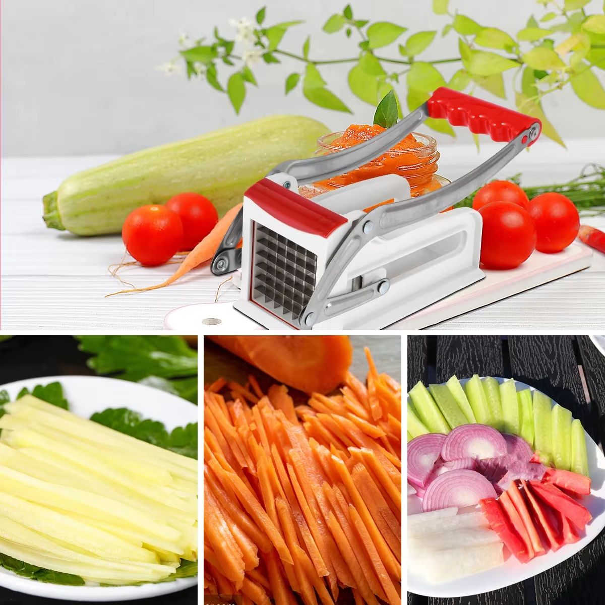 QuickSlice Stainless Steel French Fry Cutter – Manual Potato Chipper and Vegetable Slicer with Interchangeable Blades
