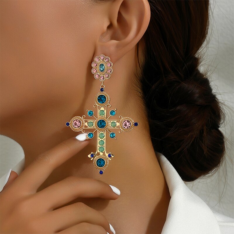 Gothic Byzantine Style Earrings, Art Large Long Earrings Woman's, Vintage Cross Dangle Stud, Exquisite Jewelry Gift
