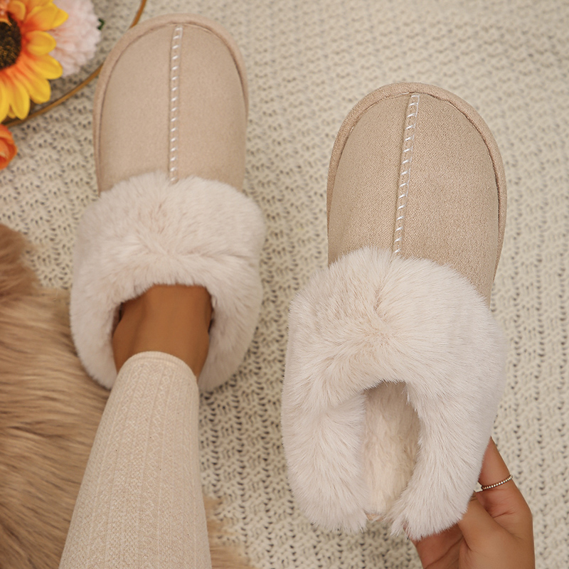 Women Faux Fur Thicken Plush Winter Slippers, Closed Toe Warm Cotton Home Shoes for Cozy Comfort