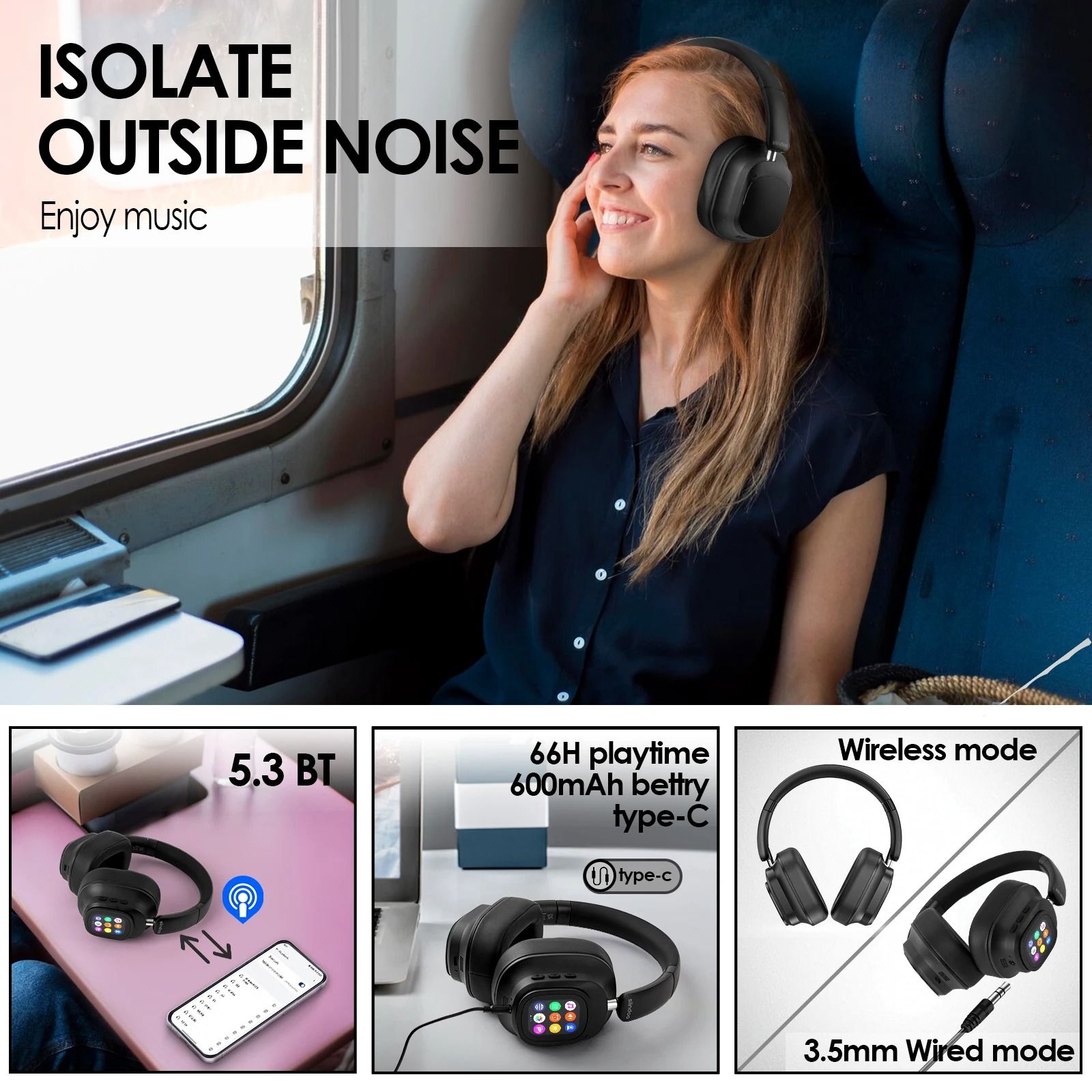 Hybrid Active Noise Cancelling Wireless Headphones – Touch Control with Integrated LED Screen
