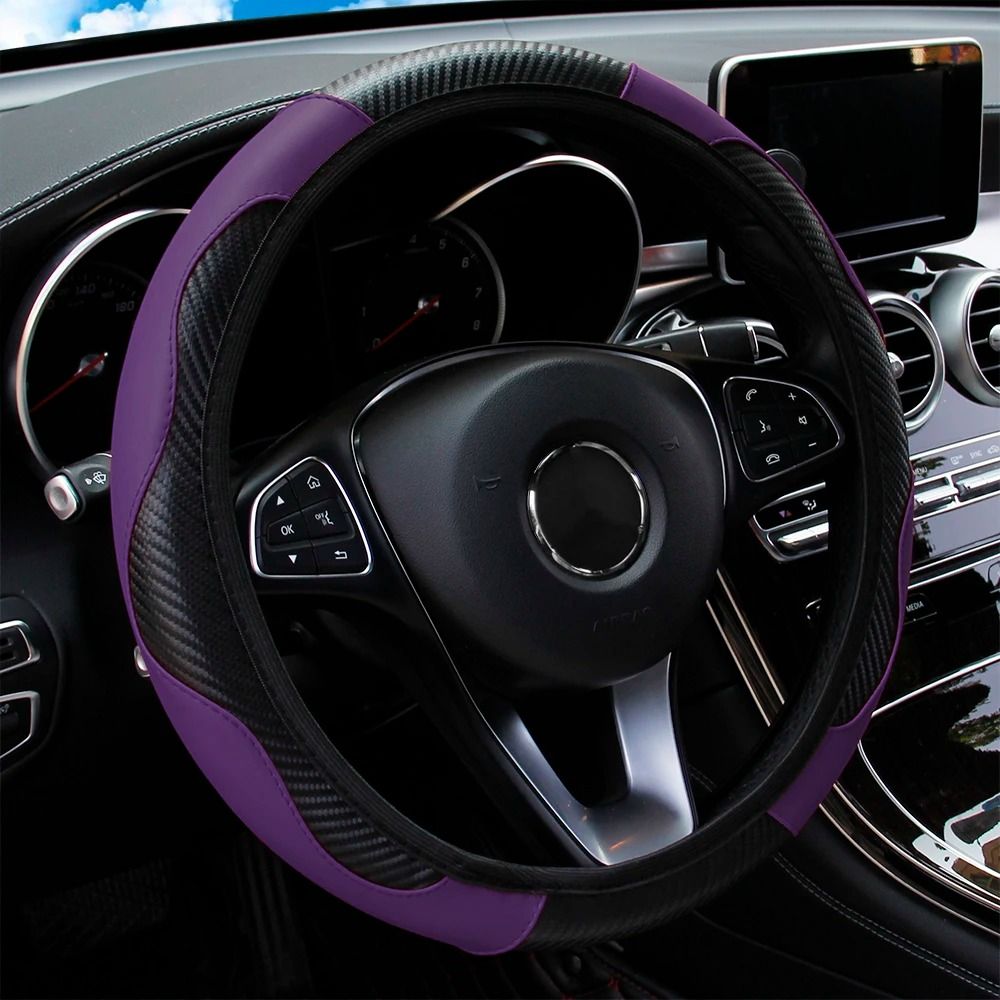Carbon Fiber PU Leather Steering Wheel Cover 14.5 to 15 Inches