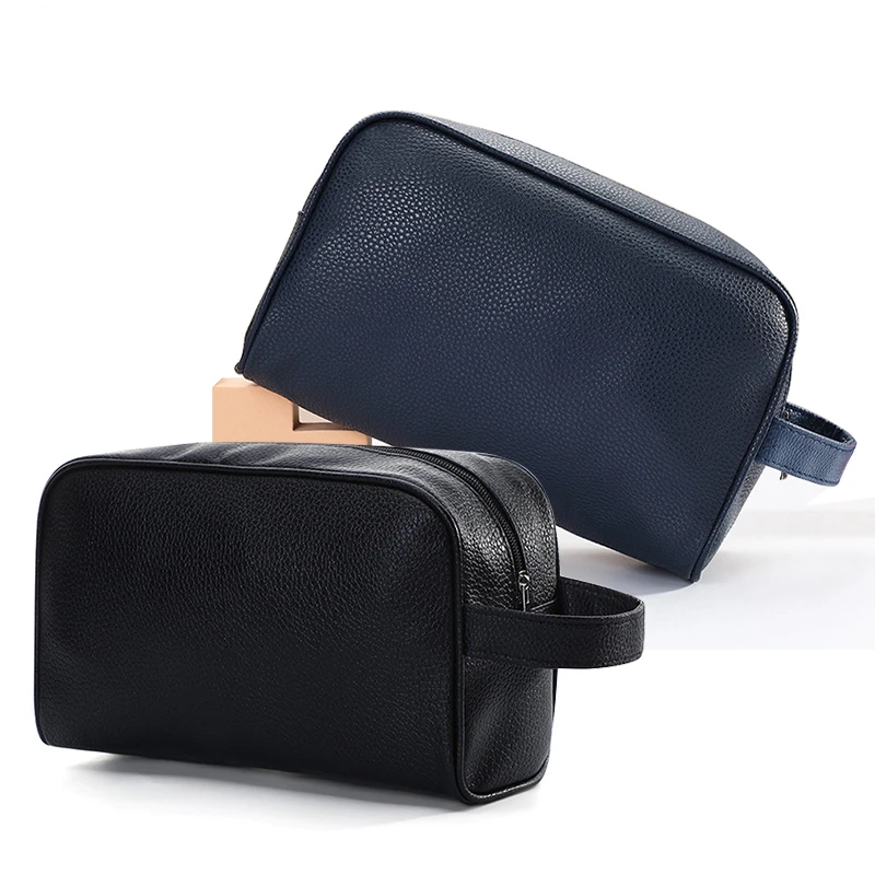 Mens PU Leather Cosmetic Organizer Bag Fashionable Zippered Travel Toiletry Handbag for Makeup & Accessories