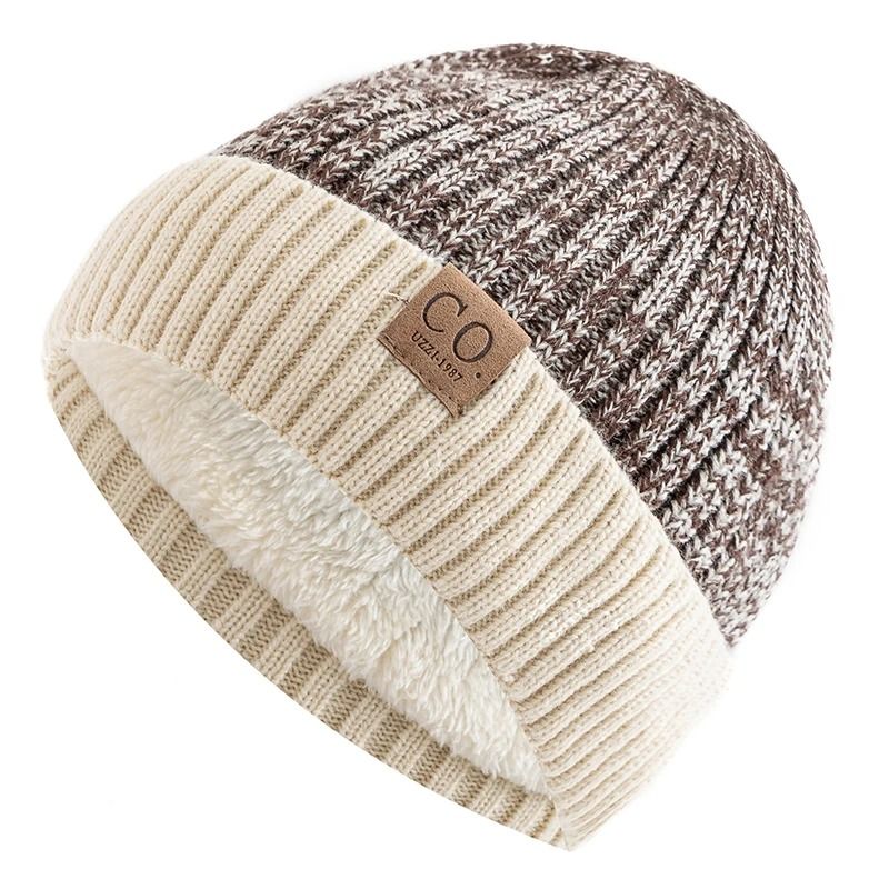 Unisex Two Tone Winter Fur Lined Beanie Hat