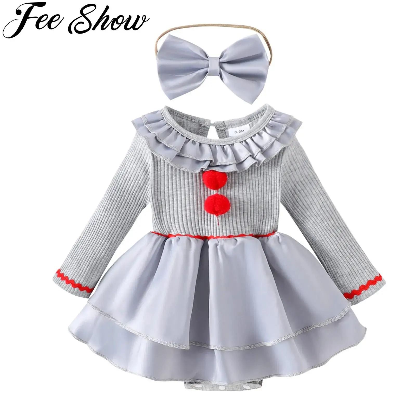 Baby Girl Creepy Clown Cosplay Costume | Premium Layered Gray Joker Dress Romper & Halloween Party Outwear