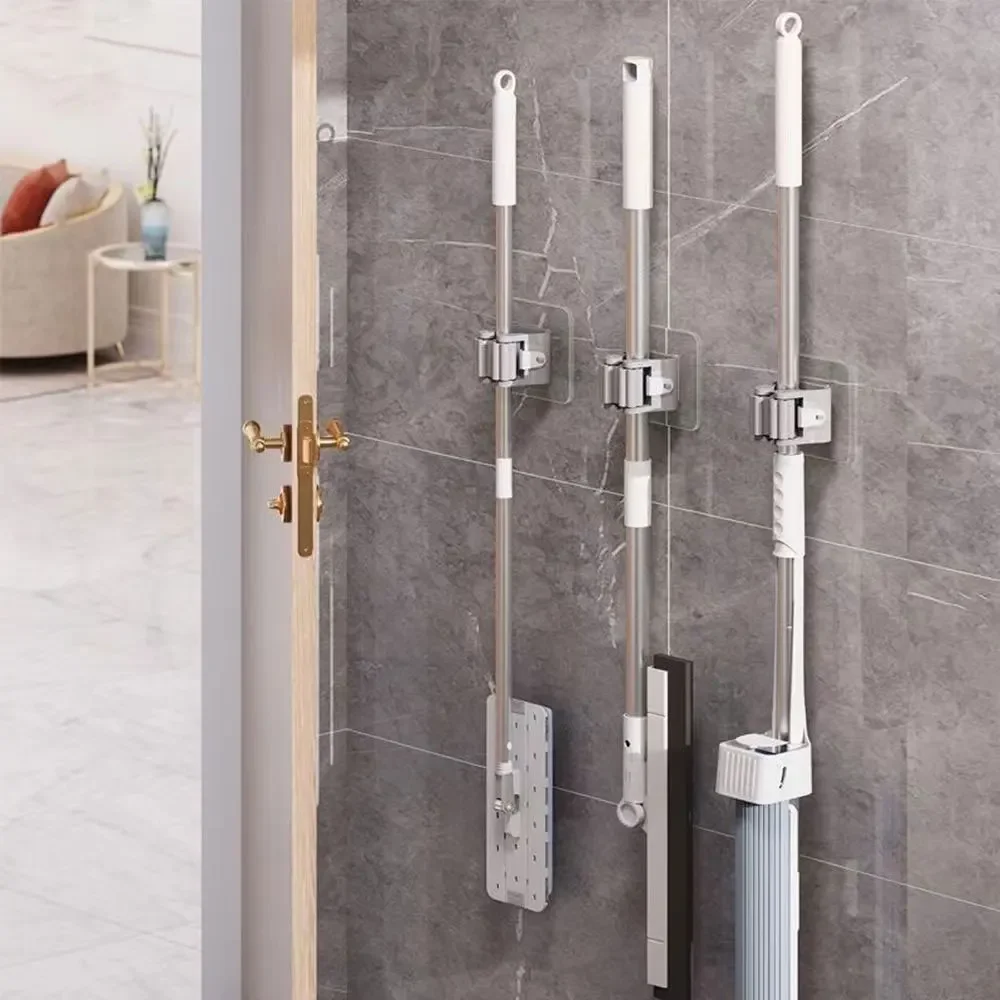 4pcs Plastic Hanging Mop Storage Rack – Wall Mounted, Space Saving Organizer for Brooms & Cleaning Tools