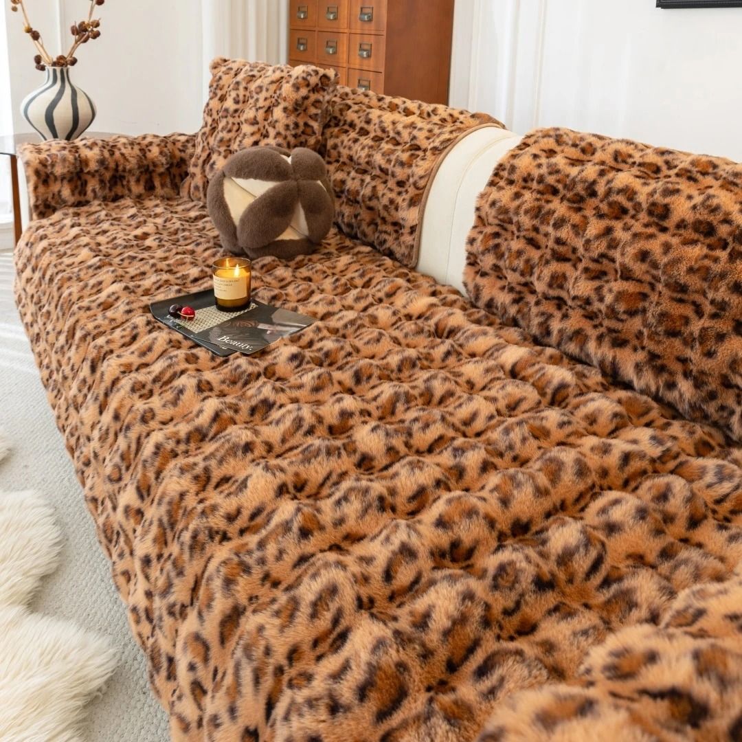 Thick faux rabbit fur sofa slipcover non slip plush couch cushion cover