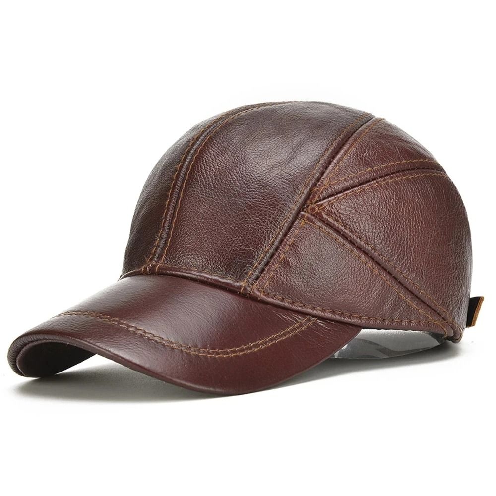 Mens Real Leather Earflap Cap Cowhide Baseball Hat for Fall and Winter