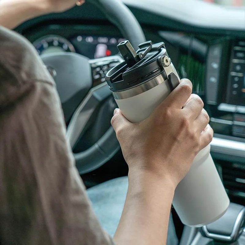 Vacuum Flask Car Water Bottle, 304 Stainless Steel Coffee Cup with Leak-Proof Lid, Handle & Non-Slip Base