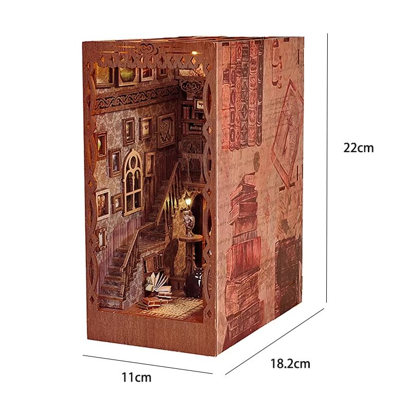 DIY Book Nook Kit Wooden Dollhouse Building Set LED Bookshelf Insert Miniature House Bookend