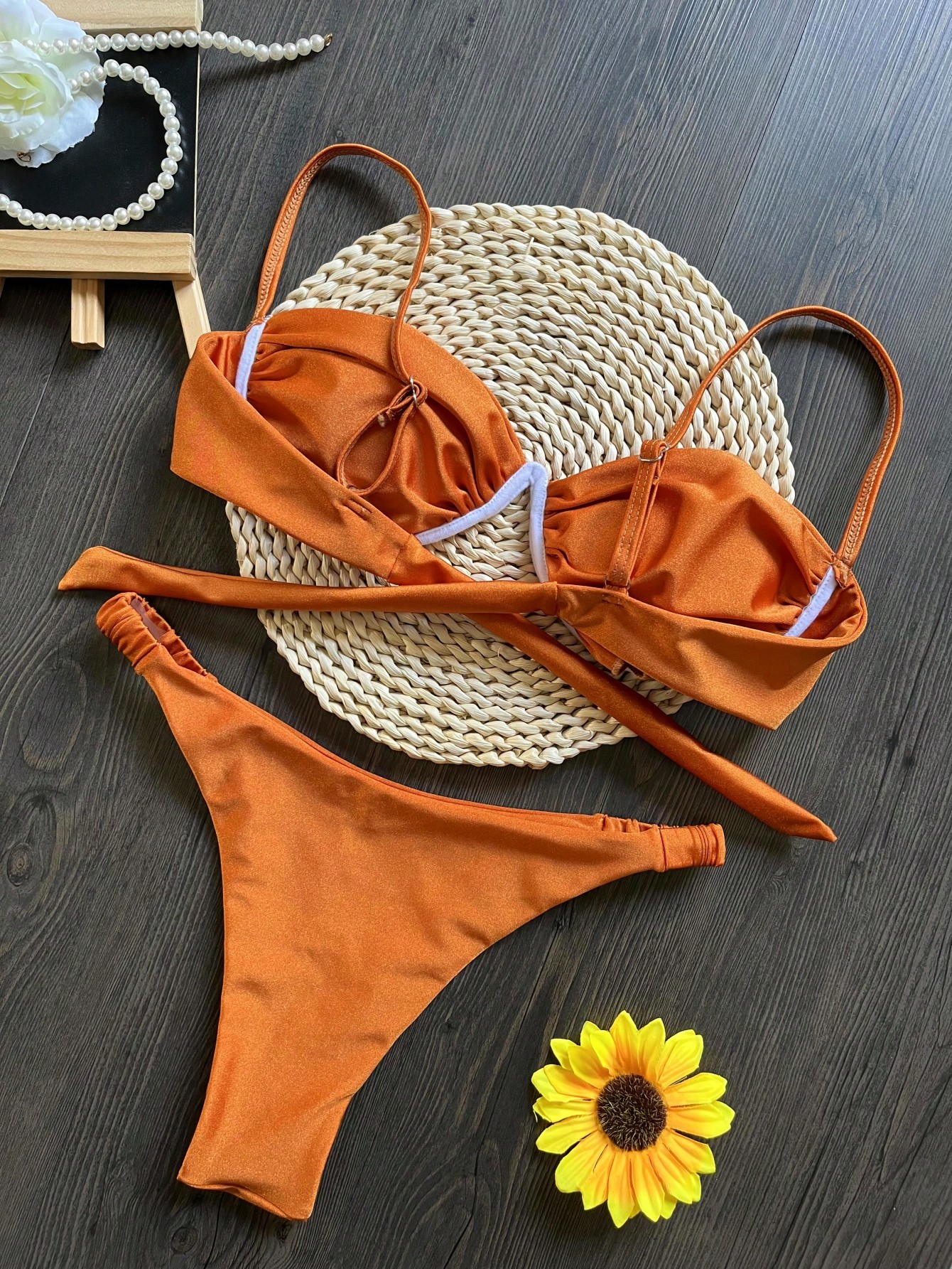 Flower Bikini Set Women Black White, V Wire Underwired Mini Swimsuit, Sexy Beach Bathing Suit, Pleate Thong Swimwear
