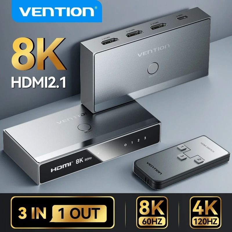 Vention HDMI 2.1 Splitter Switch 3 in 1 Out 8K 60Hz 4K 120Hz for TV Xbox PS5 and Monitor