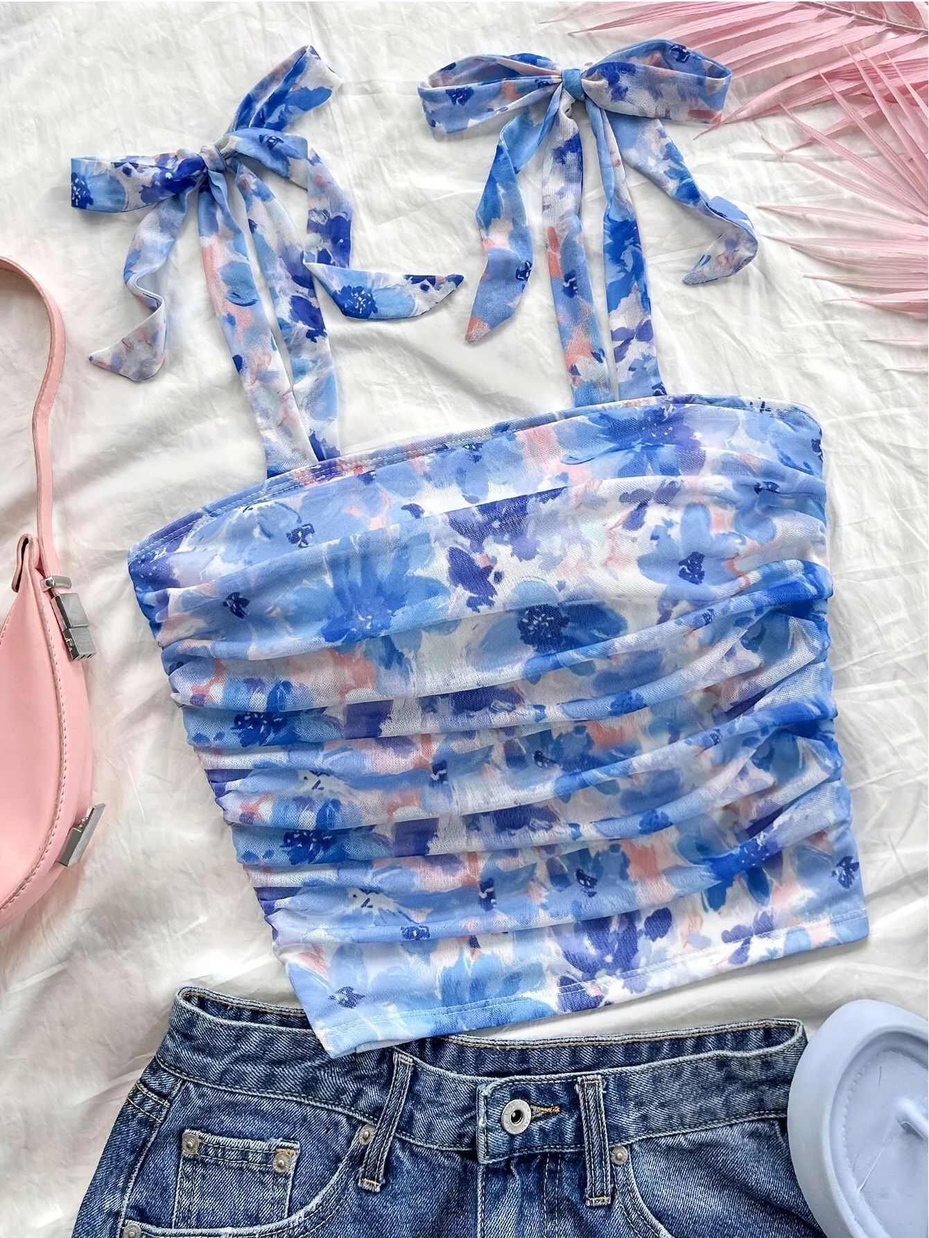 Solid Tie Shoulder Ruched Crop Cami – Y2K Backless Bow Streetwear Top