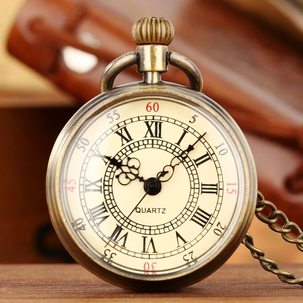Vintage Steampunk Pocket Watch Quartz Necklace with Roman Numerals