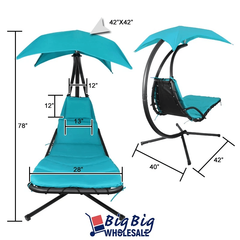Patio Hanging Chaise Swing Lounge Chair with Cushion, Blue Outdoor Canopy, Arc Stand Hammock Lounger