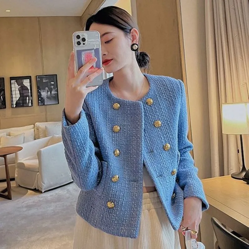 Short Mixtures Jacket Women, Half Blue Tweed Wool Blend Coat, Medium Fashion , Style High Quality Clothing