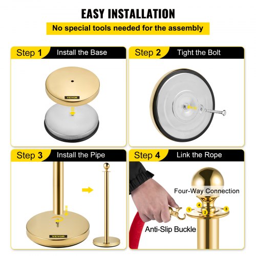 Premium Crowd Control Stanchion Set with Red Velvet Rope, Gold Stainless Steel Posts & Heavy-Duty Base