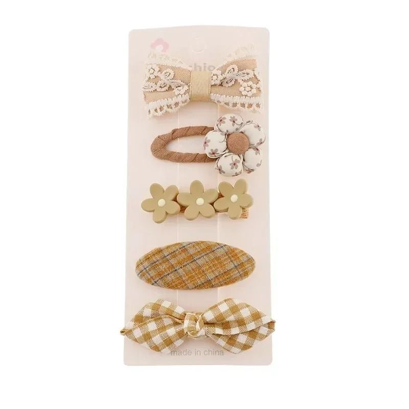 Sweet Kids Plush Hair Clip Set – Kawaii Autumn/Winter Beige & Coffee Bowknot Headwear (5pcs)