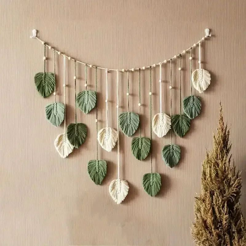 Boho Macrame Leaf Wall Hanging, Handmade Macrame Tapestry Wall Art for Bedroom & Living Room Decor