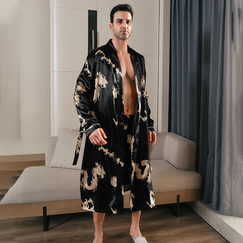 Oversized Men Pajamas, Spring and Autumn Silk Bathrobes, Long Sleeved Ice Silk Pajama, Summer Home Clothing