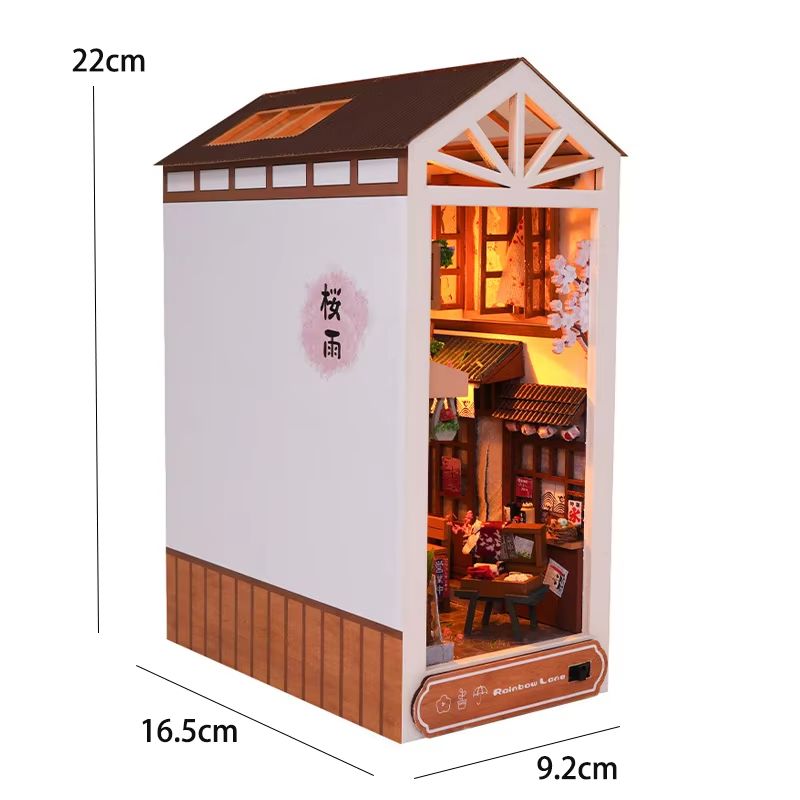 DIY Book Nook Kit Wooden Dollhouse Building Set LED Bookshelf Insert Miniature House Bookend