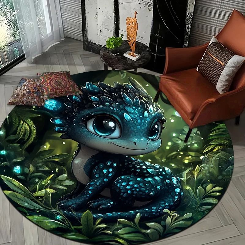 Cartoon Jungle Baby Dragon Round Rug | Non-Slip Flannel Floor Mat | Playful Bedroom & Garden Carpet Accent