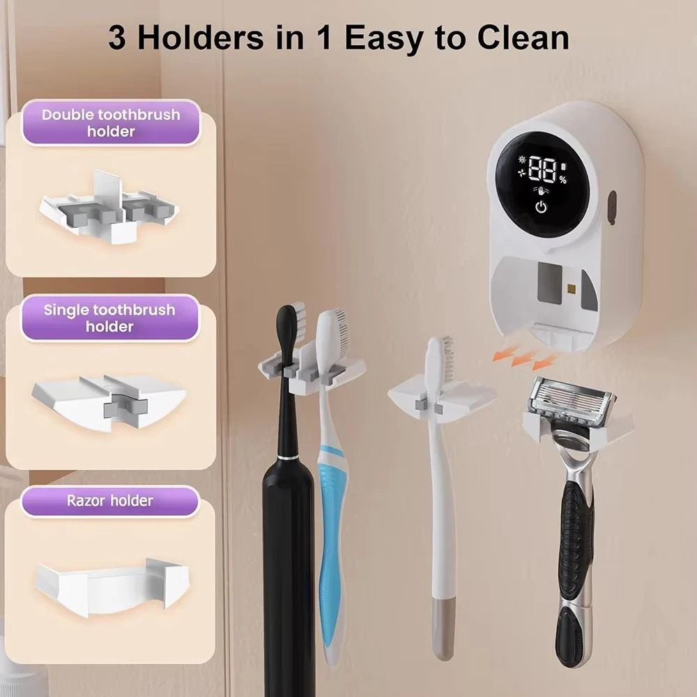 Smart Toothbrush Sanitizer & Dryer – Wall-Mounted UV-Light Cleaner – Rotating Automatic Cover Rechargeable Hub
