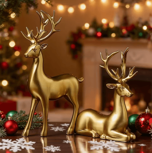 Gold Reindeer Figurine Set Elegant Christmas Table & Home Decor (2pcs)