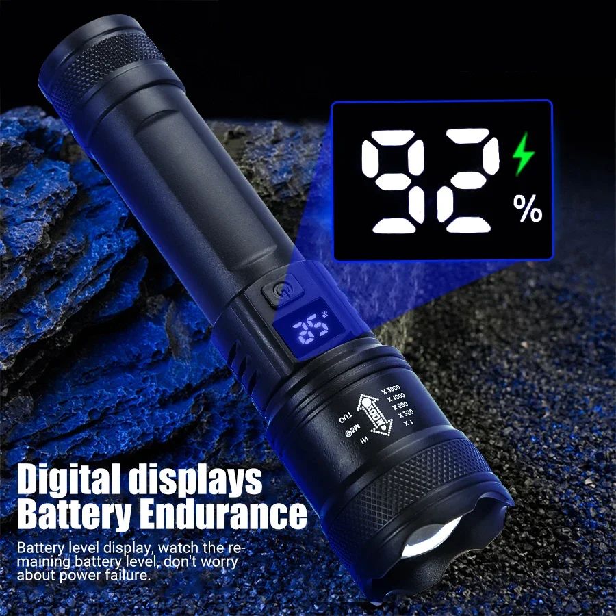 USB Rechargeable 2000LM Tactical LED Flashlight with Zoom and Display