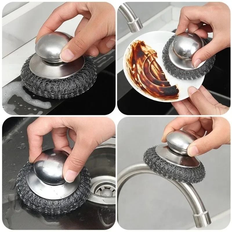 Stainless Steel Pot Brush Heavy Duty Metal Scrubber with Handle