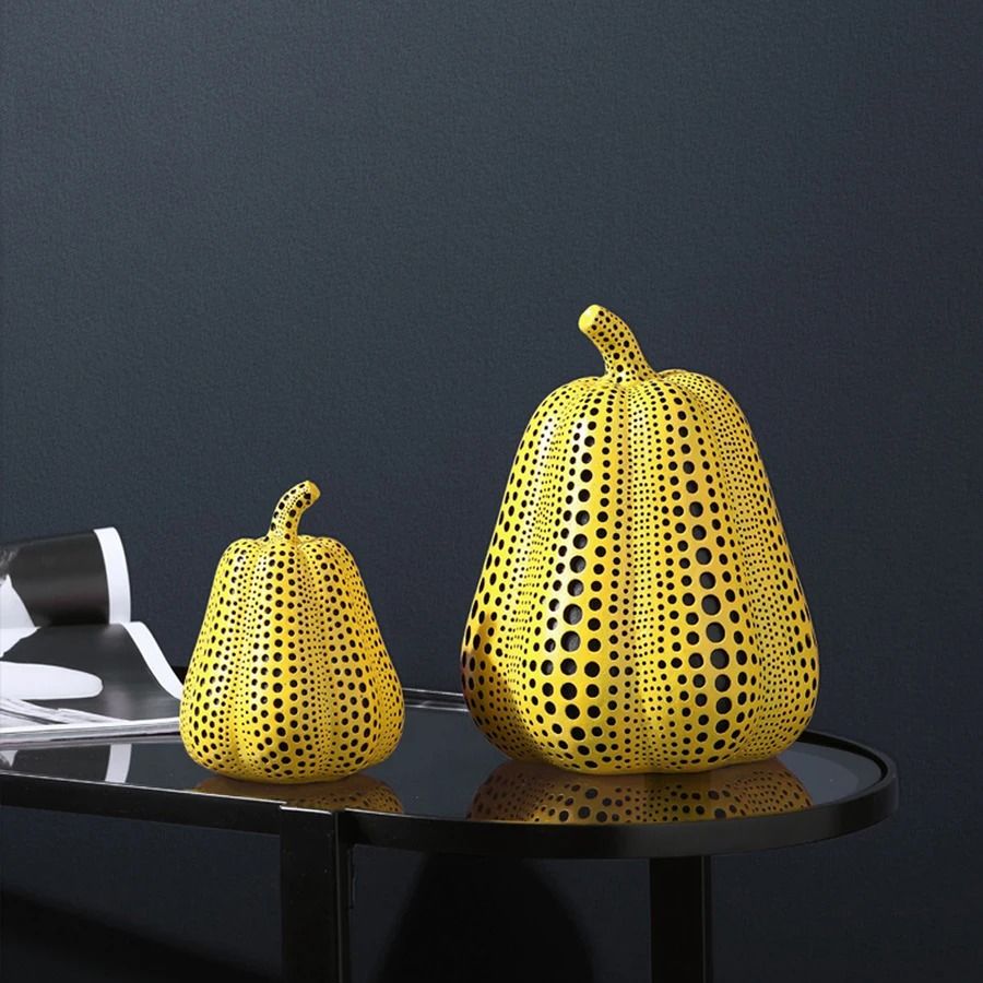 Modern Yellow Wave Point Art Statues | Whimsical Animal & Pumpkin Desktop Sculptures