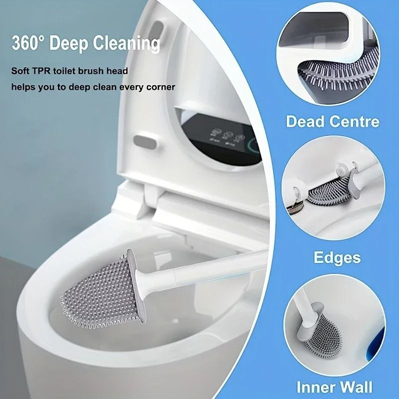 Wall Mounted Silicone Toilet Brush with Soft Bristles and Compact Holder