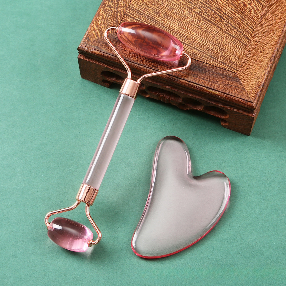 Pink Natural Resin Jade Roller Gua Sha Scraper Set, Face Lift Massager, Anti-Wrinkle & Double Chin Remover Beauty Skin