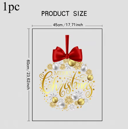 Christmas Wreath Window Sticker – Golden Snowflake & Red Bow Static Cling Glass Decal