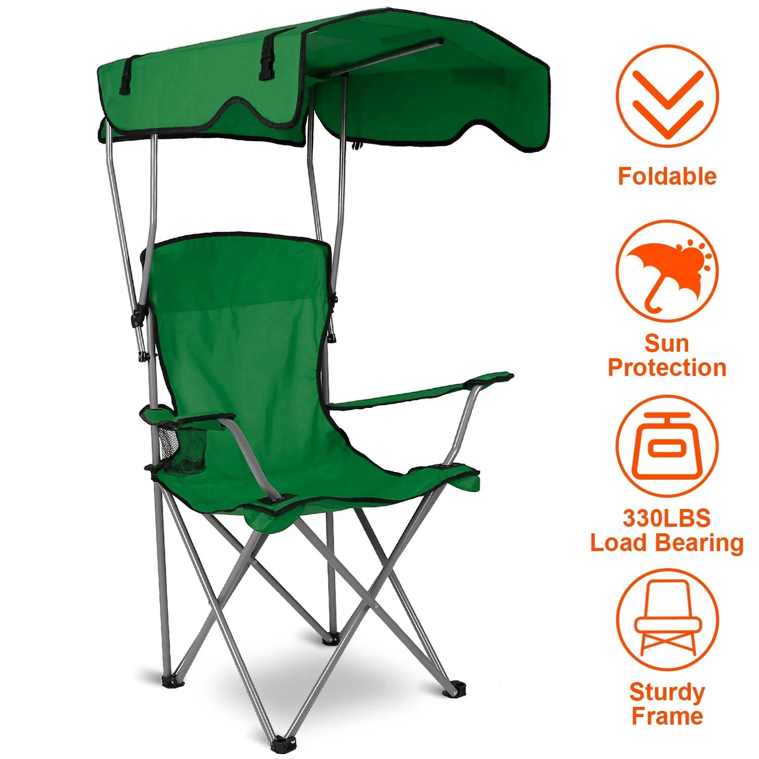 Heavy Duty Outdoor Beach Chair, Green Folding Camping Chair with Canopy Shade, Comfortable & Portable Folding Chair