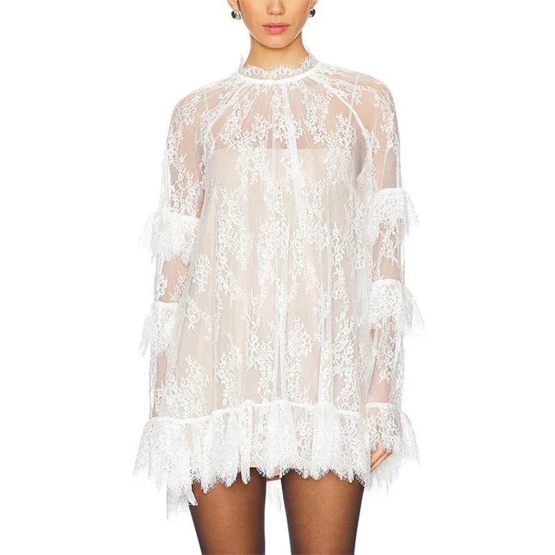 Elegant Floral Sheer Lace Mini Dress – Long Sleeve See Through Mesh Dress for Party & Cocktail Nights