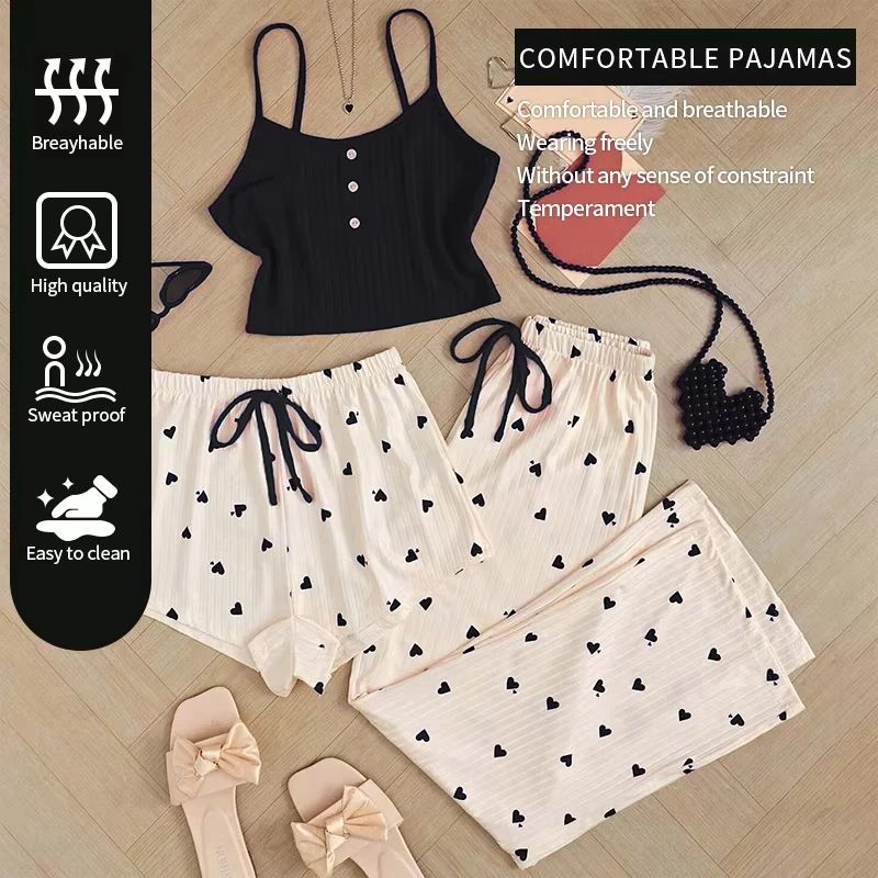Women Three Piece Heart Print Ribbed Pajama Set